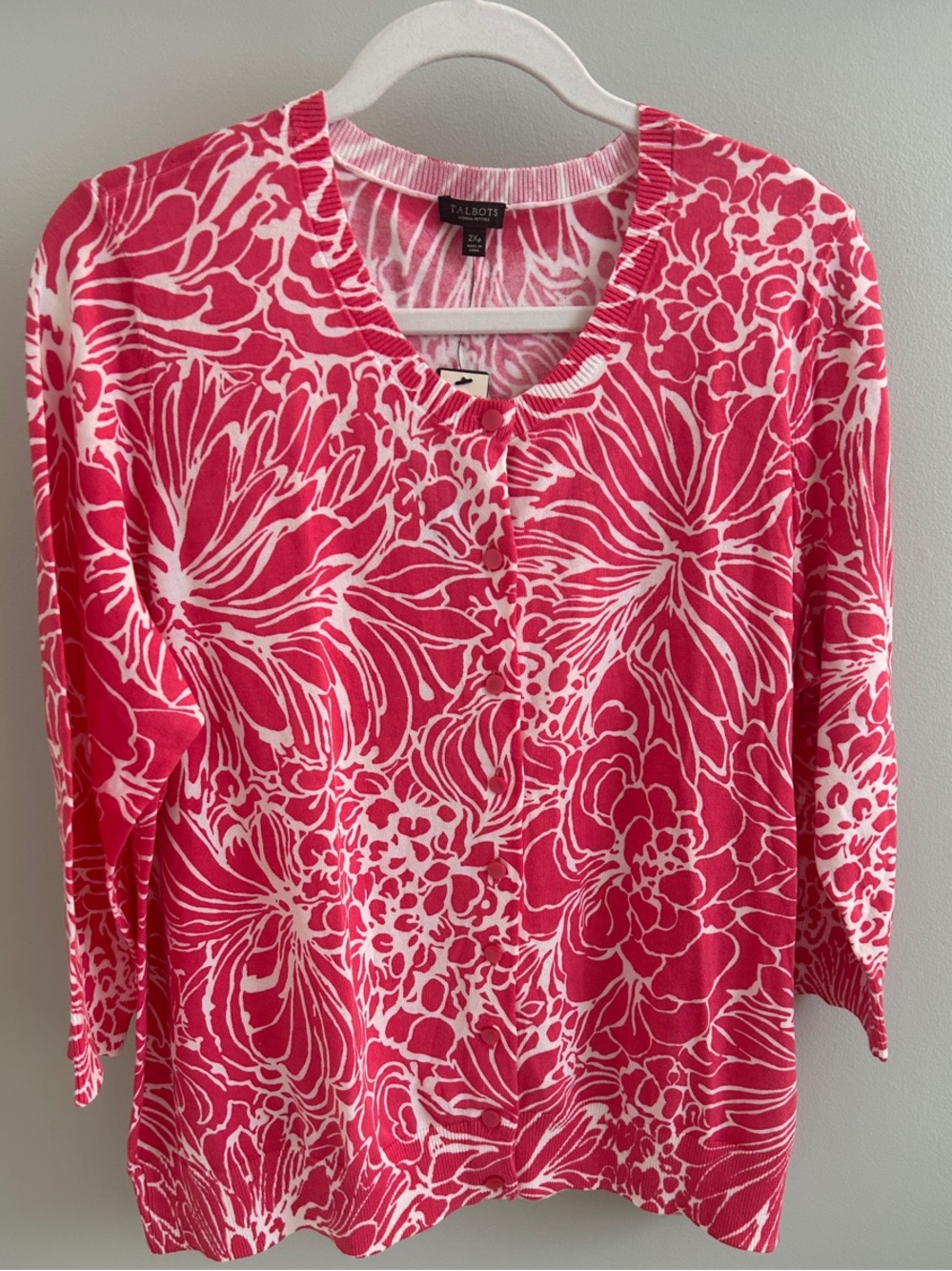 Talbots Pink and White Floral Cardigan Long Sleeve Sweater